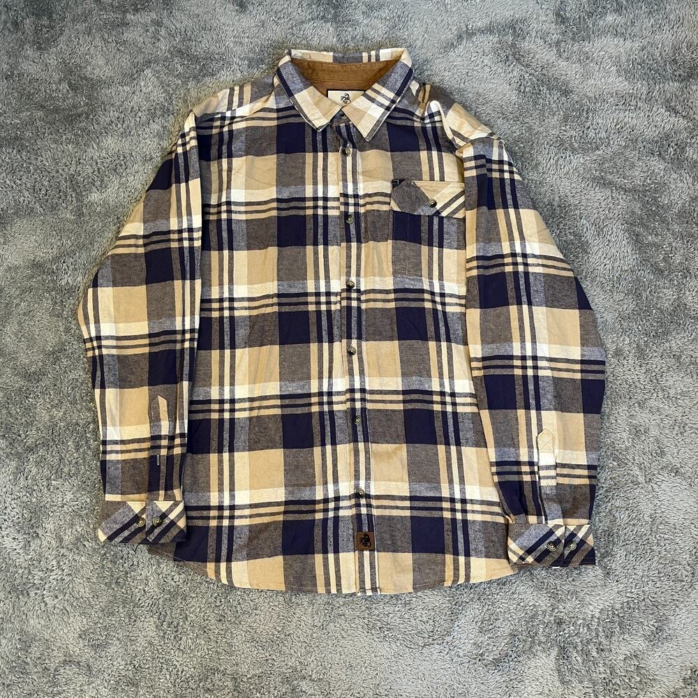 Legendary Whitetails Cream Blue Plaid Buck Camp Flannel Shirt Men's Size XL